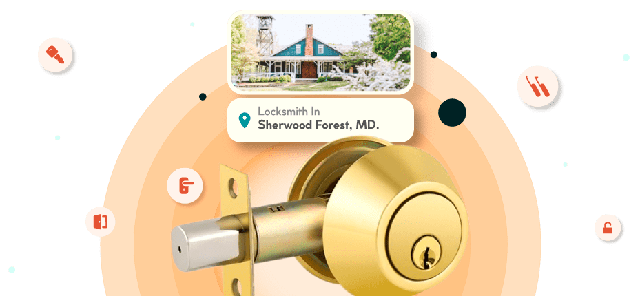 A Framed Picture Of Sherwood Forest City In Anne Arundel County Is Displayed Above A Golden, Double-Cylinder Deadbolt Lock.