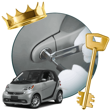 Round Image Of A Locksmith Unlocking A Car, Encircled By A Smart Vehicle, Gold Crown, And Master Key.
