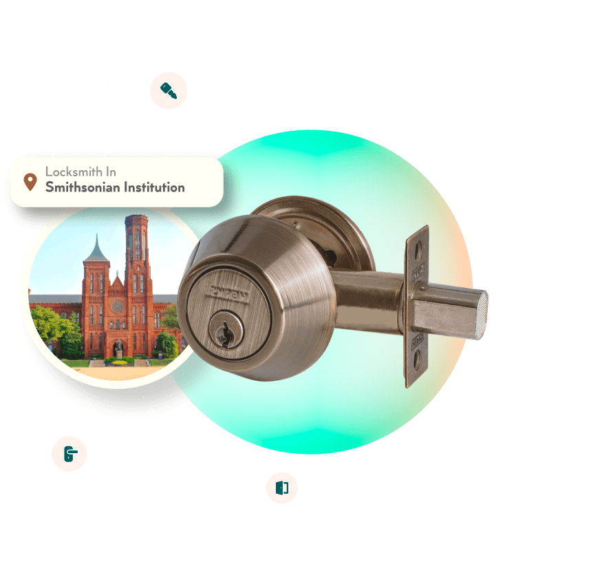 A Chrome Deadbolt With A Picture Of The Smithsonian Institution Neighborhood In Washington, DC, In The Background.