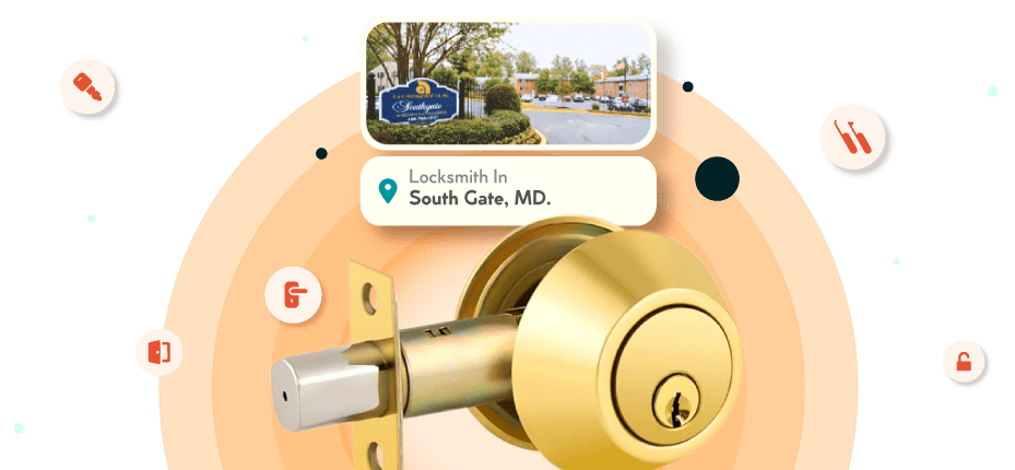 A Framed Picture Of South Gate City In Anne Arundel County Is Displayed Above A Golden, Double-Cylinder Deadbolt Lock.