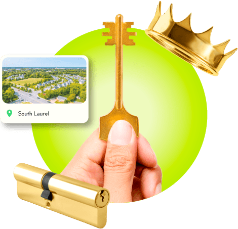 A Locksmith's Hand Holding A Gold Master Key Near A Gold Crown, A Golden Cylinder Lock, And An Image Of South Laurel In Prince George's County.