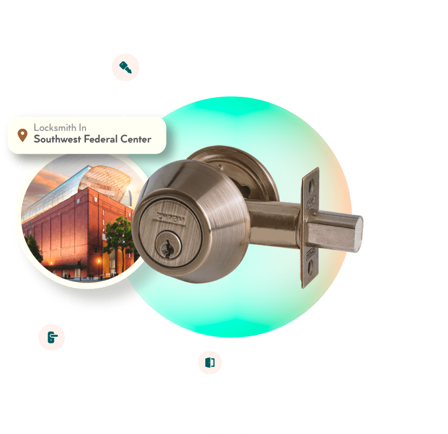 A Chrome Deadbolt With A Picture Of The Southwest Federal Center Neighborhood In Washington, DC, In The Background.