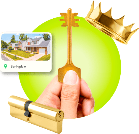 A Locksmith's Hand Holding A Gold Master Key Near A Gold Crown, A Golden Cylinder Lock, And An Image Of Springdale In Prince George's County.