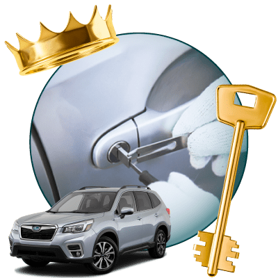 Round Image Of A Locksmith Unlocking A Car, Encircled By A Subaru Vehicle, Gold Crown, And Master Key.