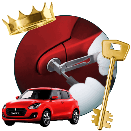 Round Image Of A Locksmith Unlocking A Car, Encircled By A Suzuki Vehicle, Gold Crown, And Master Key.