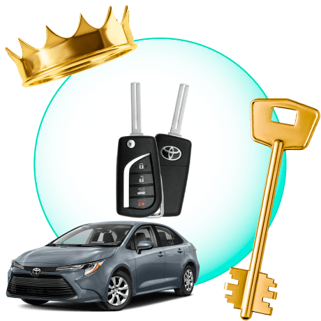 A Circle With Toyota Car Keys, Surrounded By A Toyota Vehicle, A Gold Crown, And A Master Key.