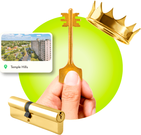 A Locksmith's Hand Holding A Gold Master Key Near A Gold Crown, A Golden Cylinder Lock, And An Image Of Temple Hills In Prince George's County.
