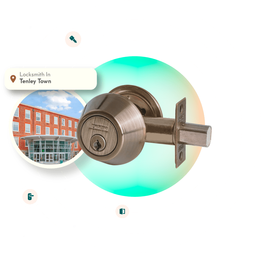 A Chrome Deadbolt With A Picture Of The Tenleytown Neighborhood In Washington, DC, In The Background.