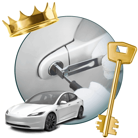 Round Image Of A Locksmith Unlocking A Car, Encircled By A Tesla Vehicle, Gold Crown, And Master Key.