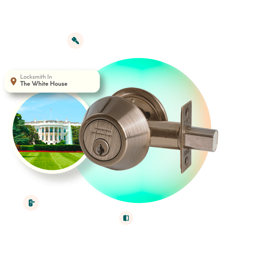 A Chrome Deadbolt With A Picture Of The The White House Neighborhood In Washington, DC, In The Background.