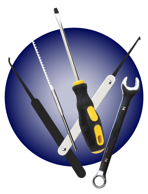 A Screwdriver Is Surrounded By Other Locksmith Tools, With A Blue Circle In The Background.
