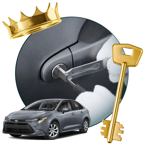 Round Image Of A Locksmith Unlocking A Car, Encircled By A Toyota Vehicle, Gold Crown, And Master Key.