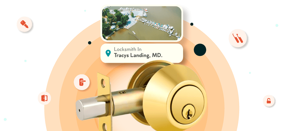 A Framed Picture Of Tracys Landing City In Anne Arundel County Is Displayed Above A Golden, Double-Cylinder Deadbolt Lock.