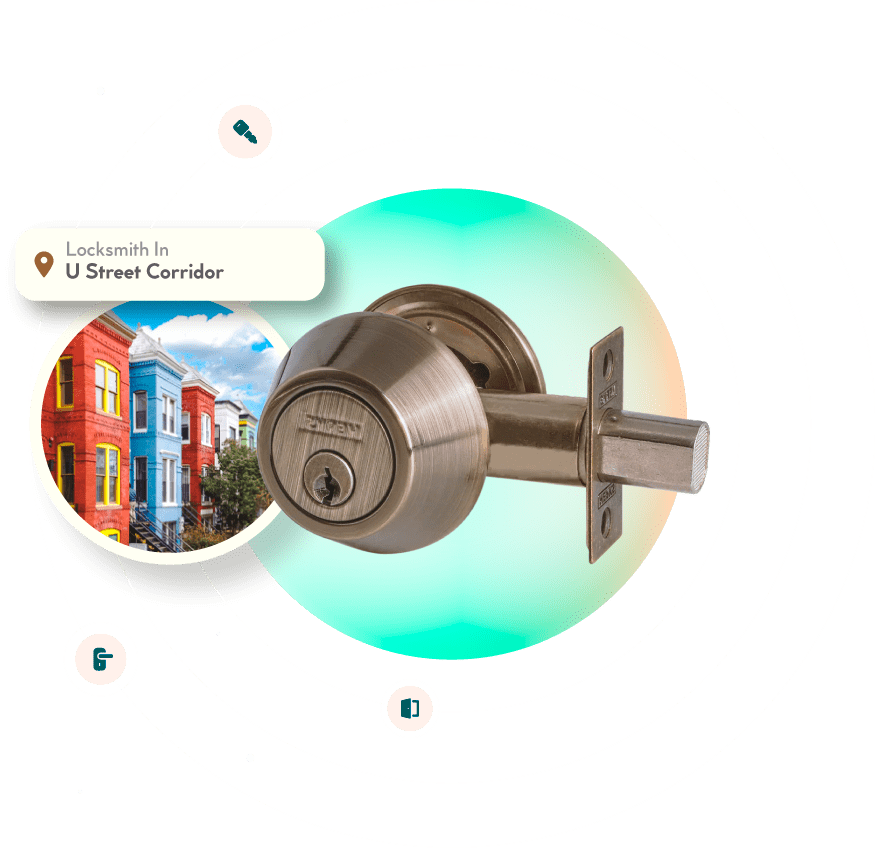 A Chrome Deadbolt With A Picture Of The U Street Corridor Neighborhood In Washington, DC, In The Background.