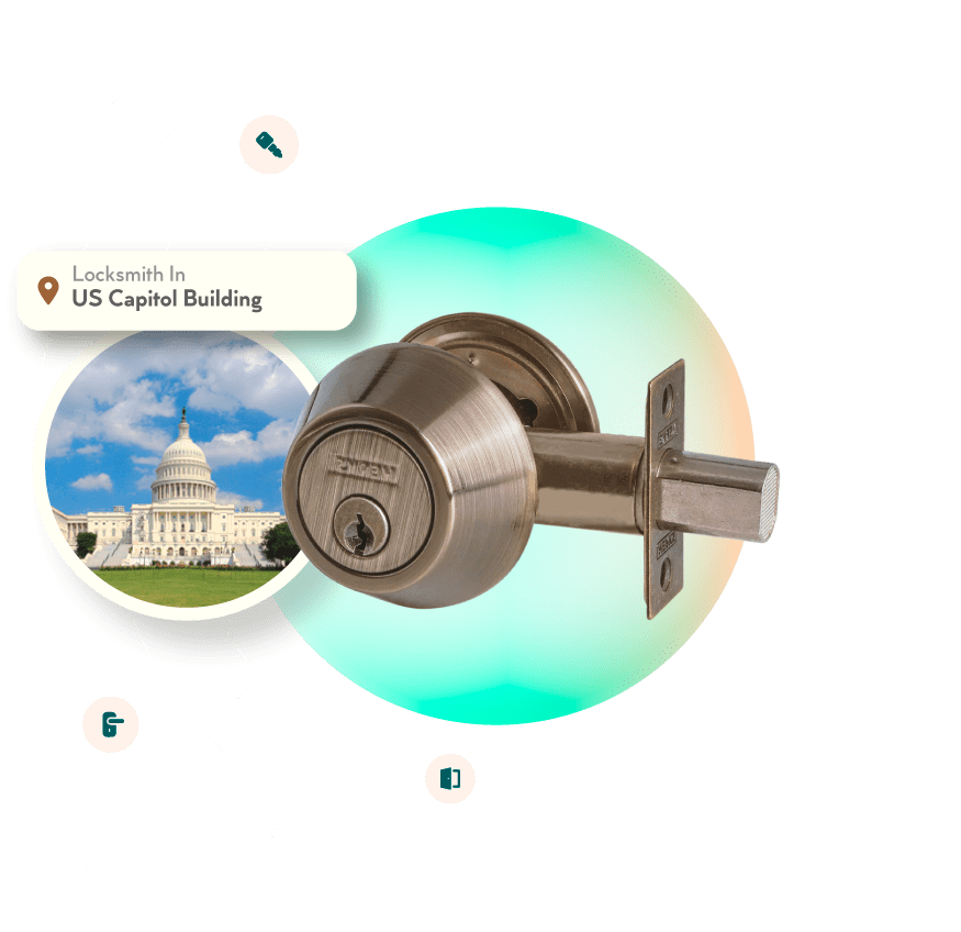 A Chrome Deadbolt With A Picture Of The US Capitol Building Neighborhood In Washington, DC, In The Background.