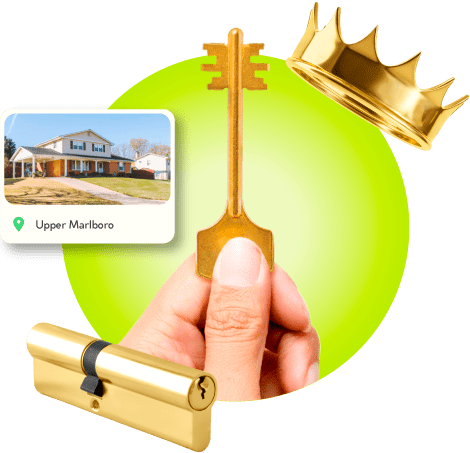 A Locksmith's Hand Holding A Gold Master Key Near A Gold Crown, A Golden Cylinder Lock, And An Image Of Upper Marlboro In Prince George's County.