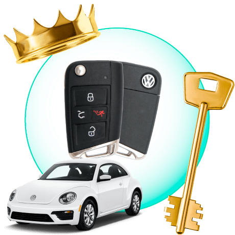 A Circle With Volkswagen Car Keys, Surrounded By A Volkswagen Vehicle, A Gold Crown, And A Master Key.