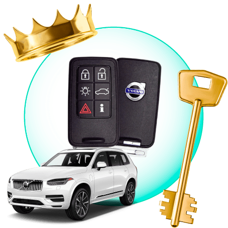 A Circle With Volvo Car Keys, Surrounded By A Volvo Vehicle, A Gold Crown, And A Master Key.