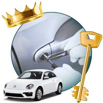 Round Image Of A Locksmith Unlocking A Car, Encircled By A Volkswagen Vehicle, Gold Crown, And Master Key.