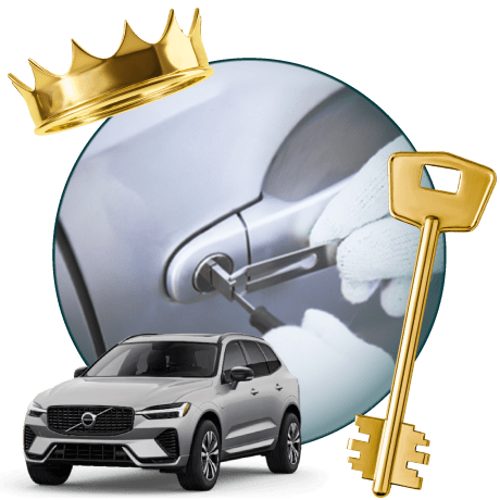Round Image Of A Locksmith Unlocking A Car, Encircled By A Volvo Vehicle, Gold Crown, And Master Key.