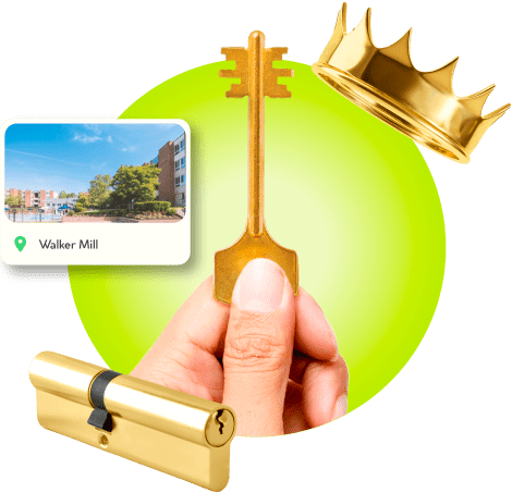 A Locksmith's Hand Holding A Gold Master Key Near A Gold Crown, A Golden Cylinder Lock, And An Image Of Walker Mill In Prince George's County.