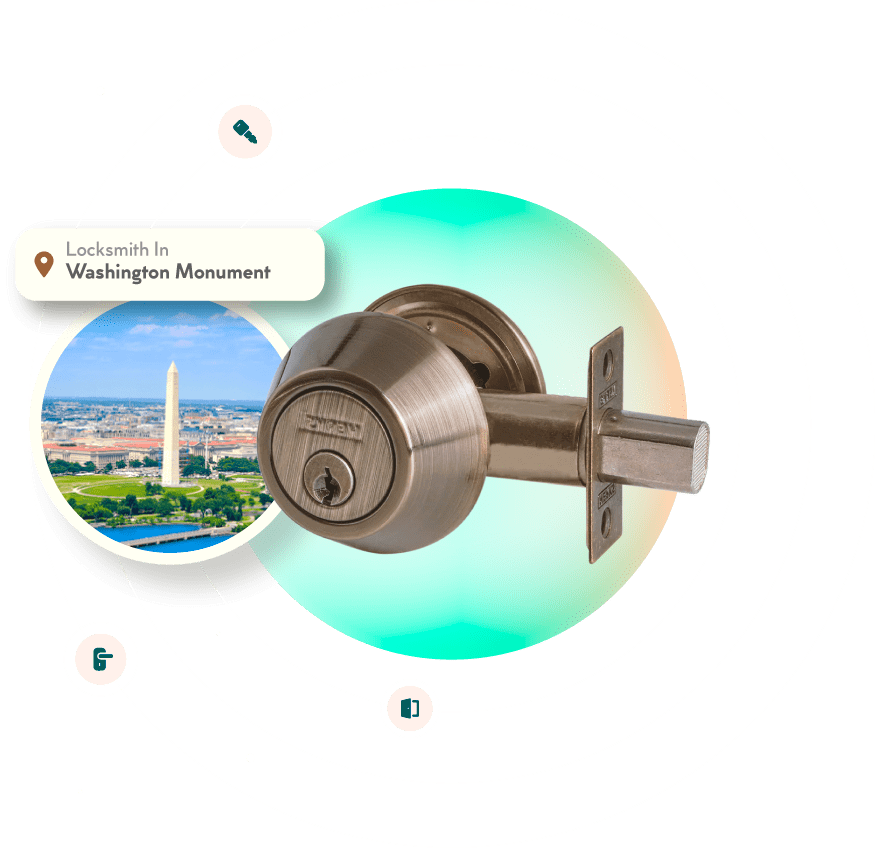 A Chrome Deadbolt With A Picture Of The Washington Monument Neighborhood In Washington, DC, In The Background.