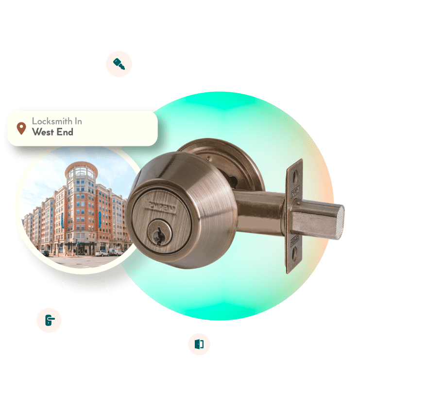 A Chrome Deadbolt With A Picture Of The West End Neighborhood In Washington, DC, In The Background.