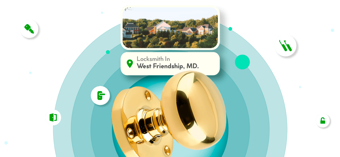 A Framed View Of West Friendship City In Howard County Is Displayed Above A Bright Brass Entry Door Knob.
