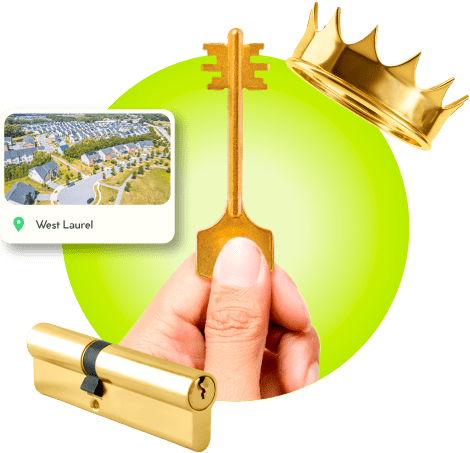 A Locksmith's Hand Holding A Gold Master Key Near A Gold Crown, A Golden Cylinder Lock, And An Image Of West Laurel In Prince George's County.