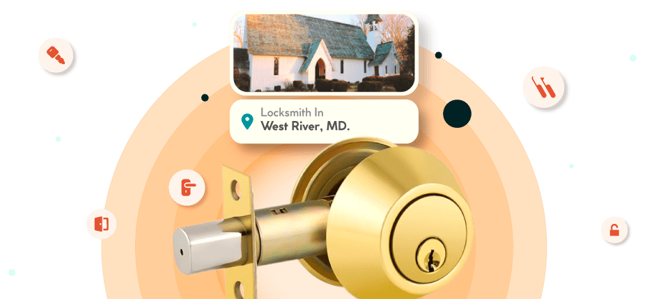A Framed Picture Of West River City In Anne Arundel County Is Displayed Above A Golden, Double-Cylinder Deadbolt Lock.