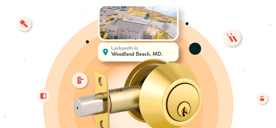 A Framed Picture Of Woodland Beach City In Anne Arundel County Is Displayed Above A Golden, Double-Cylinder Deadbolt Lock.