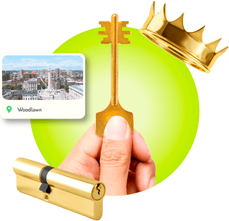 A Locksmith's Hand Holding A Gold Master Key Near A Gold Crown, A Golden Cylinder Lock, And An Image Of Woodlawn In Prince George's County.