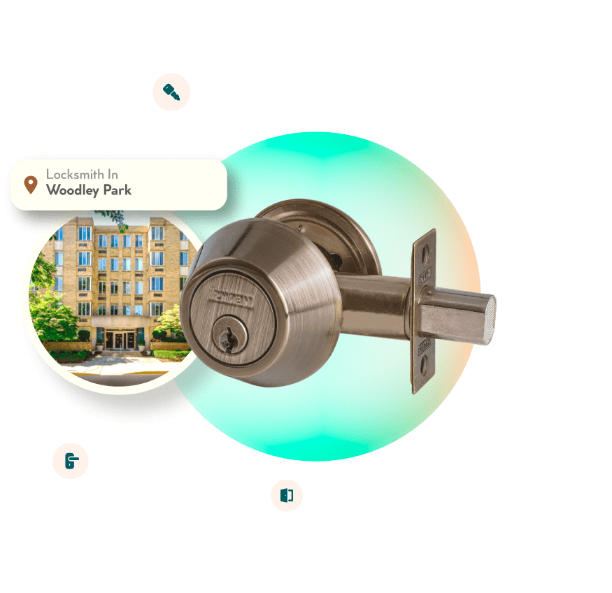 A Chrome Deadbolt With A Picture Of The Woodley Park Neighborhood In Washington, DC, In The Background.