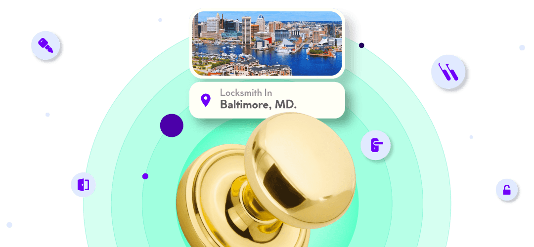 A Baltimore County Cityscape Is Framed Above A Golden Cylindrical Doorknob.