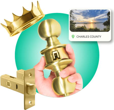 A Locksmith's Hand Holding A Cylindrical Door Knob Lock, Near A Golden Tubular Mortise Latch, A Golden Crown, And A Image Of Charles County.