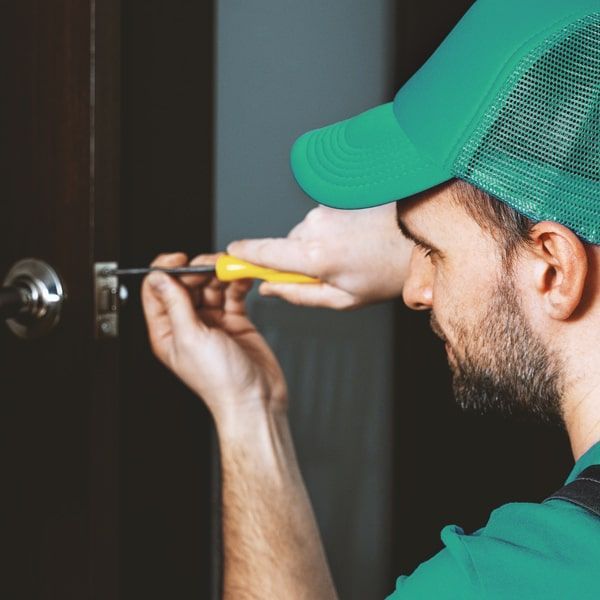 A Man In A Green Hat Is Fixing A Door Handle With A Screwdriver.
