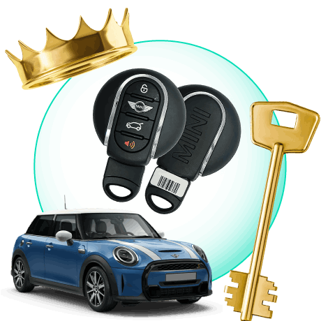 A Circle With Mini Car Keys, Surrounded By A Mini Vehicle, A Gold Crown, And A Master Key.