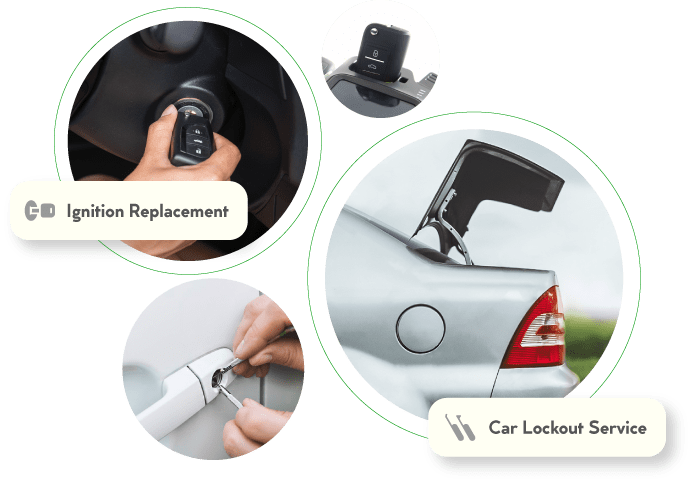 A Collage Of Automotive Locksmith Services Including Car Lockout Service, Car Duplicate And Programming, And Trunk Unlocking.