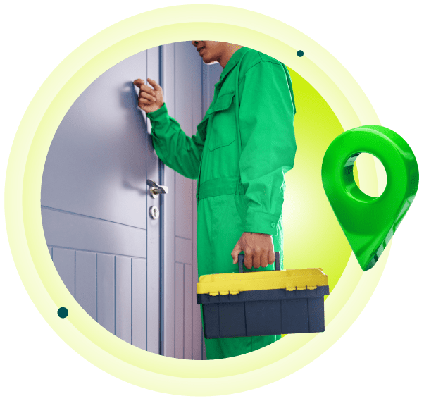 Local Locksmith In Green Jumpsuit Knocking On Door With Toolbox In Hand.