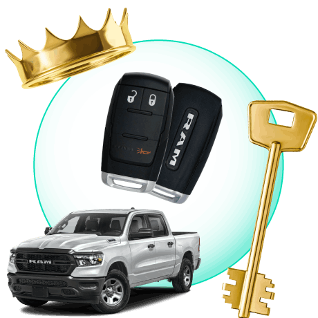 A Circle With Ram Car Keys, Surrounded By A Ram Vehicle, A Gold Crown, And A Master Key.