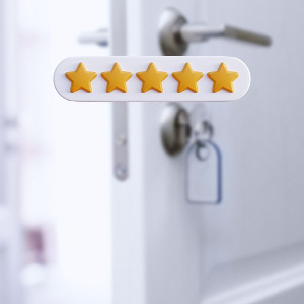 A Close Up Of A Door With A Five-Star Rating On It.