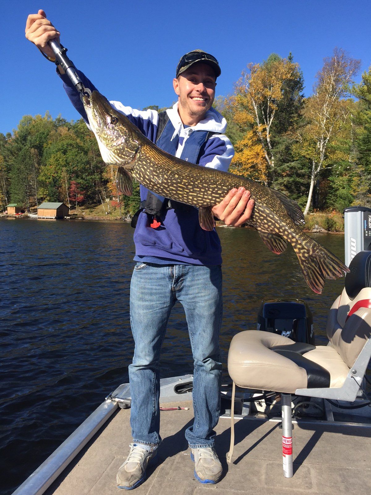 A man is standing on a boat holding a large fish.