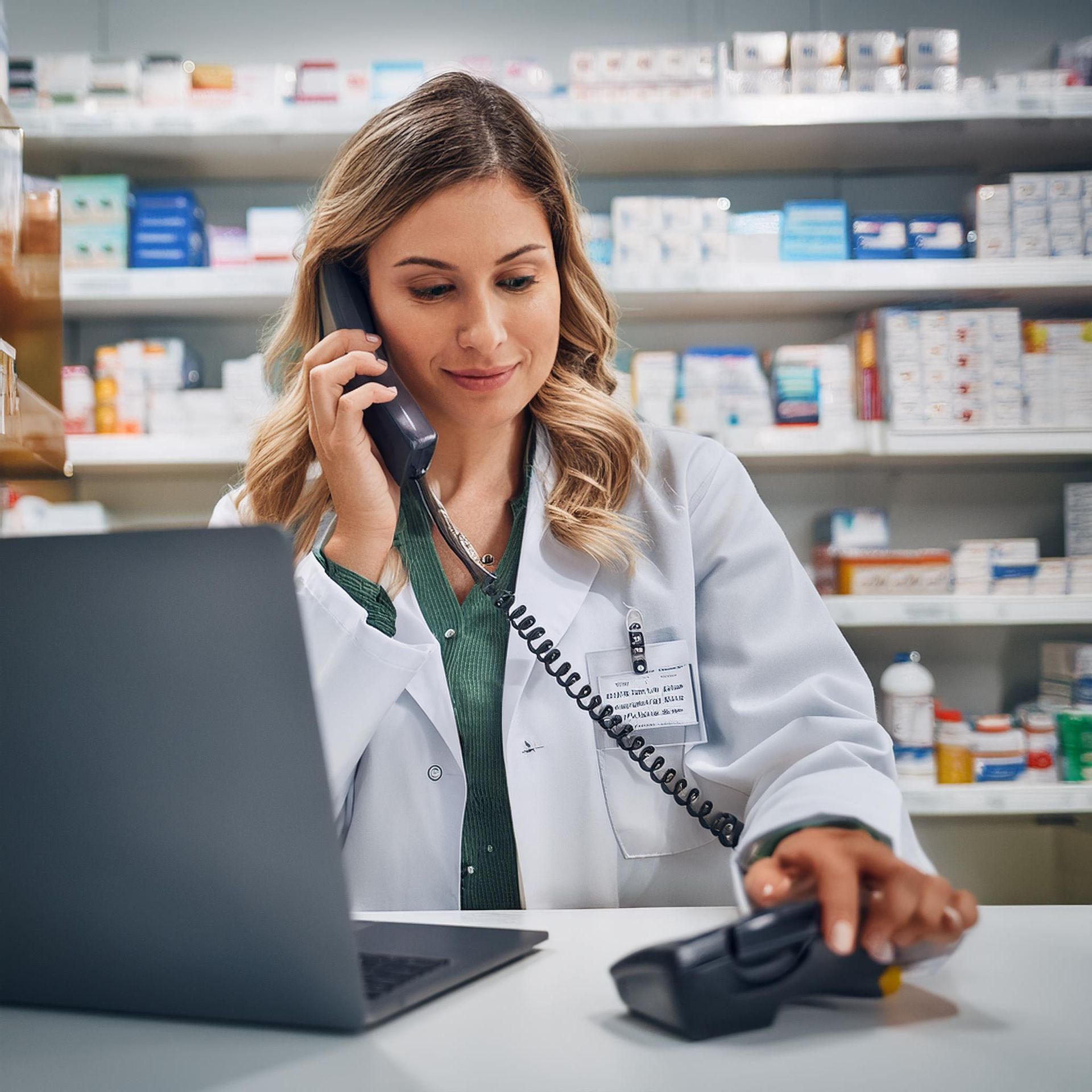 A female pharmacist is talking on a phone while using a laptop computer.