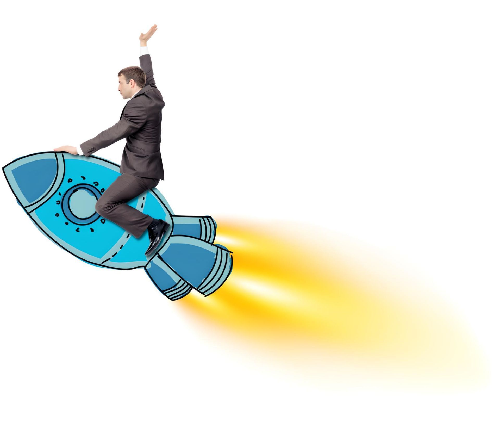 a man in a suit is riding a blue rocket
