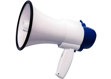 a white and blue megaphone on a white background