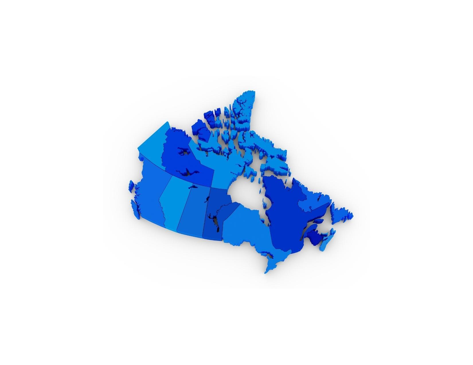 a blue map of canada on a white background