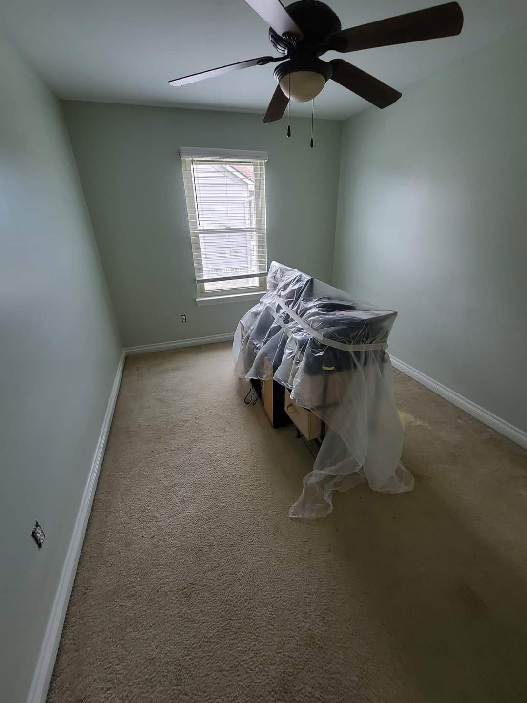 Empty room with light green walls, beige carpet, and a wrapped desk near a window. Ceiling fan visible.
