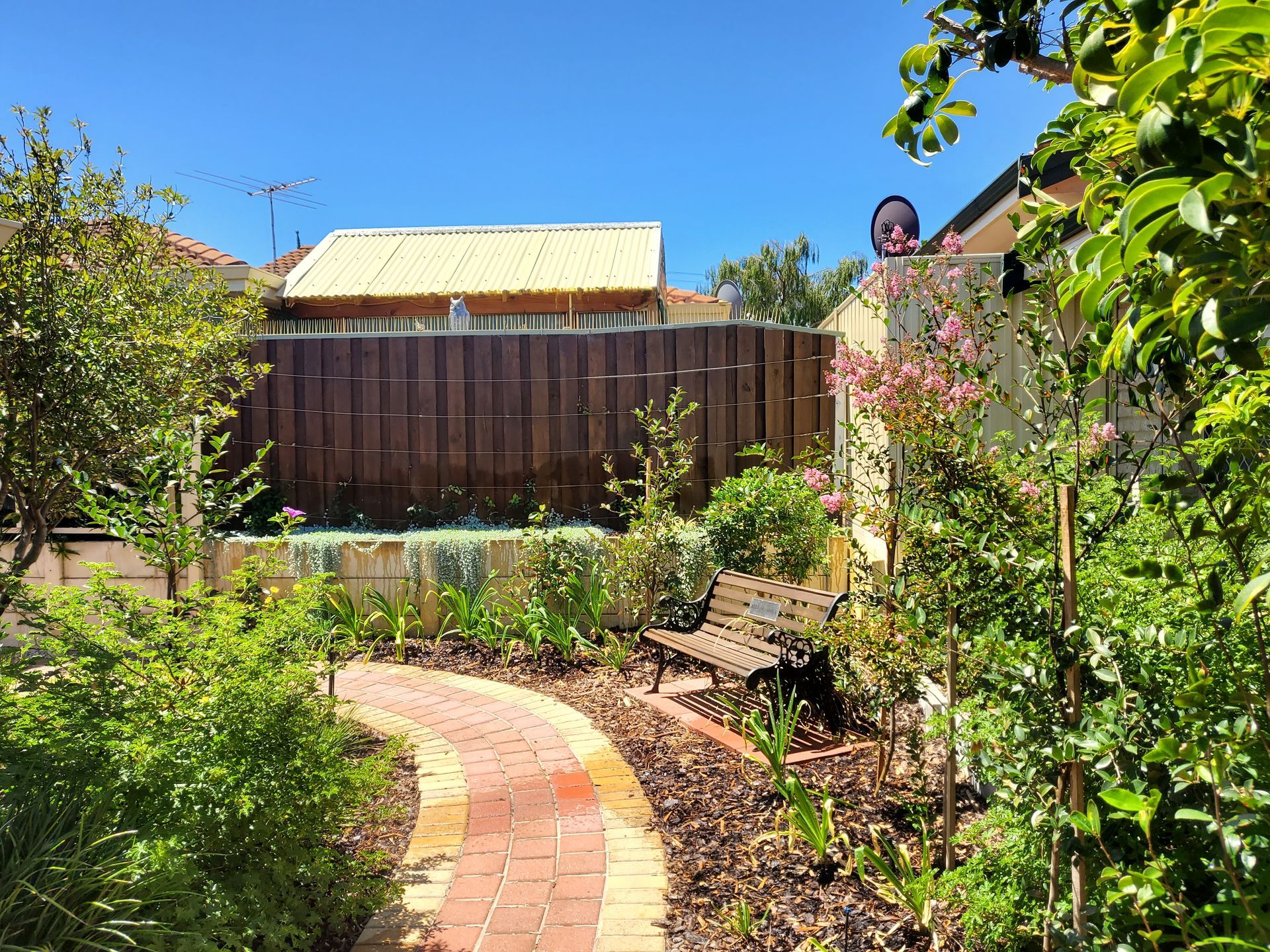Brick path winds through a garden with a wooden fence and bench on a sunny day.