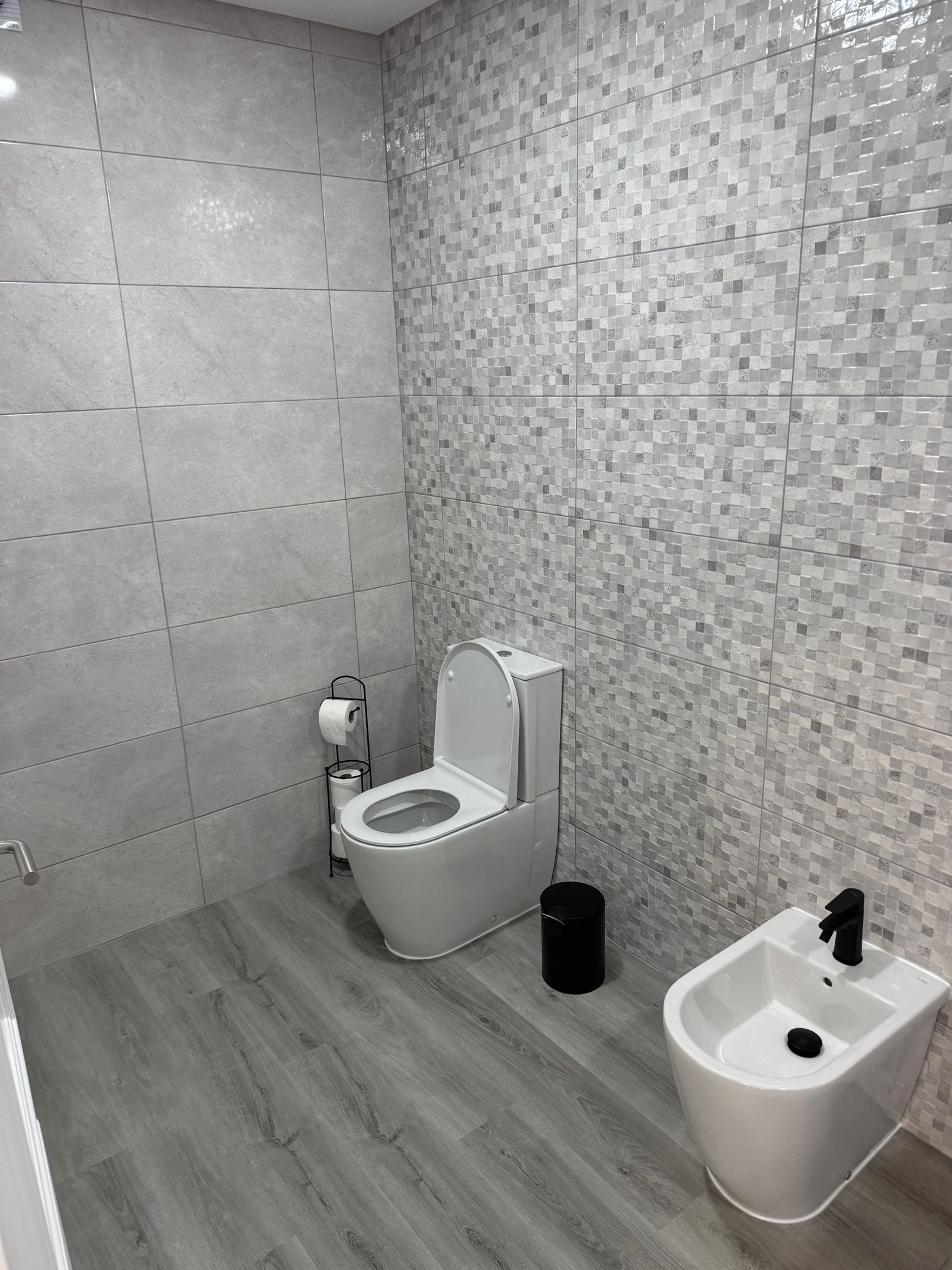 A bathroom with a toilet , bidet and shower.