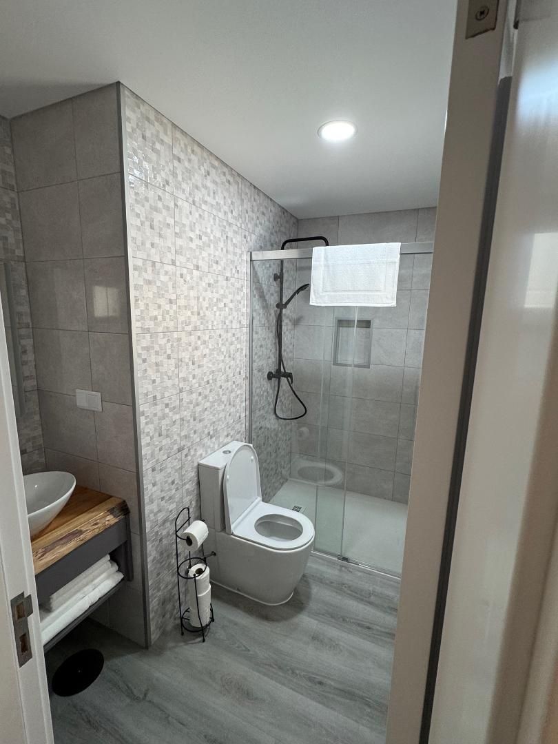 A bathroom with a toilet , sink and shower.